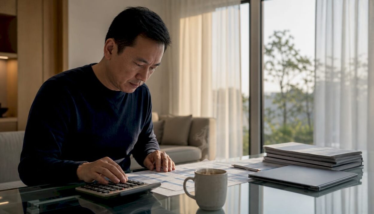 Trader calculating stock trading risk on desk