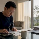 Trader calculating stock trading risk on desk