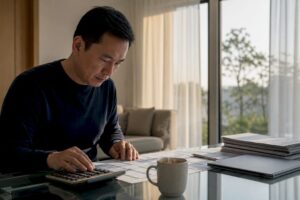 Trader calculating stock trading risk on desk