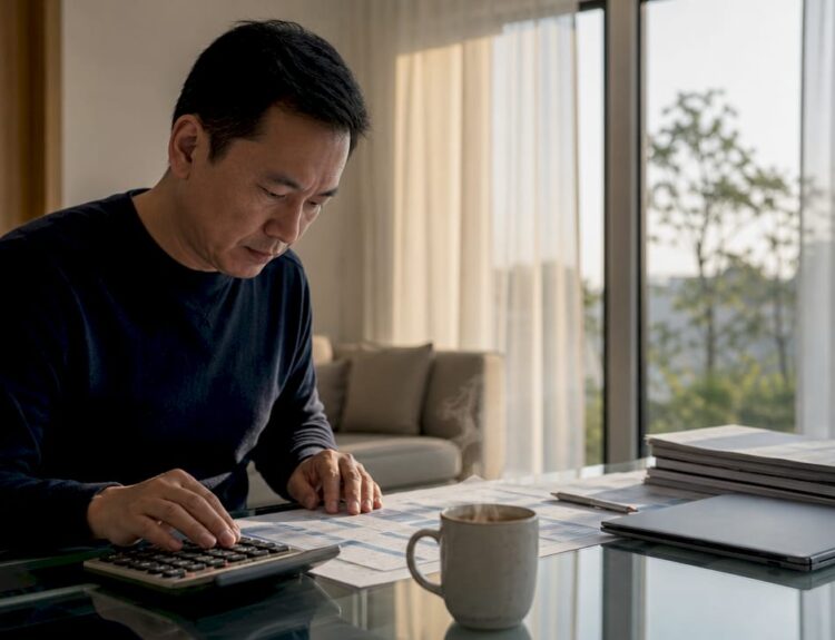 Trader calculating stock trading risk on desk