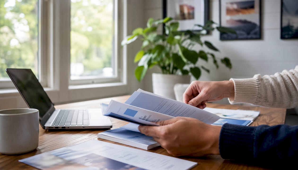 Hands sorting Traditional IRA brochures on office desk