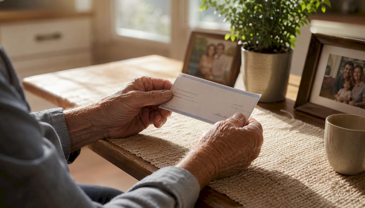 Elderly hands holding pension check