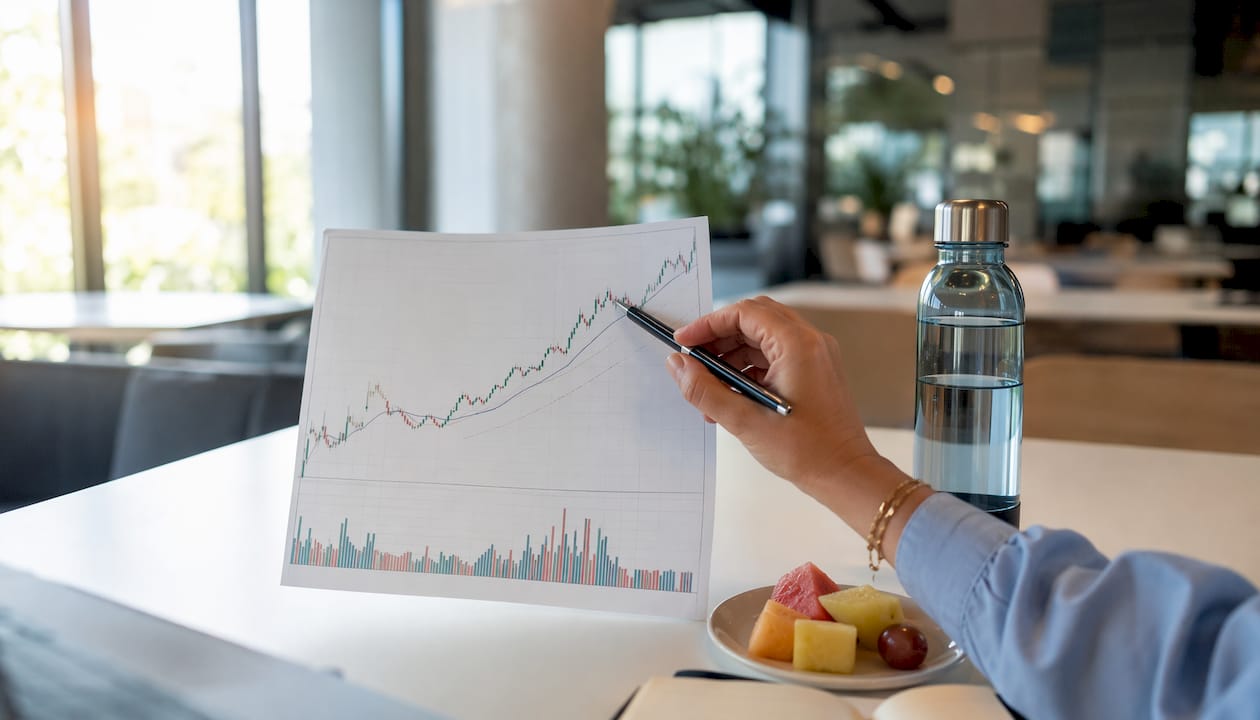 Hand pointing at momentum stock chart