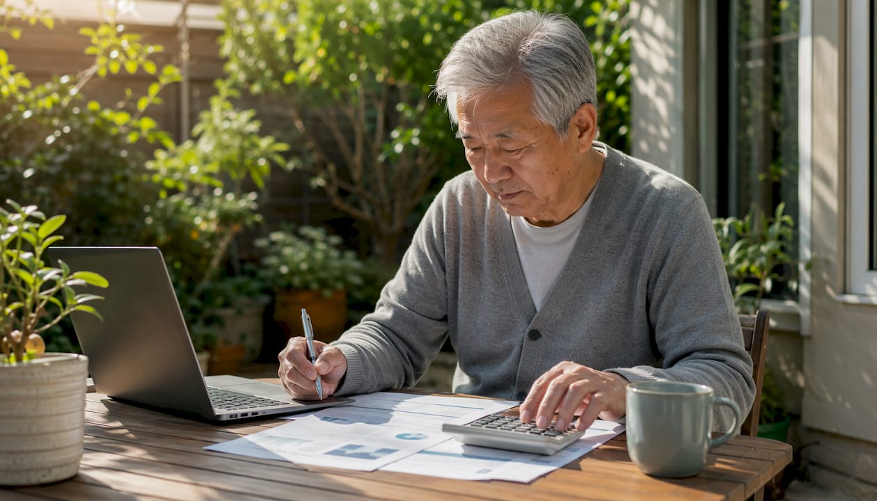 Senior man calculating IRA contributions at kitchen nook