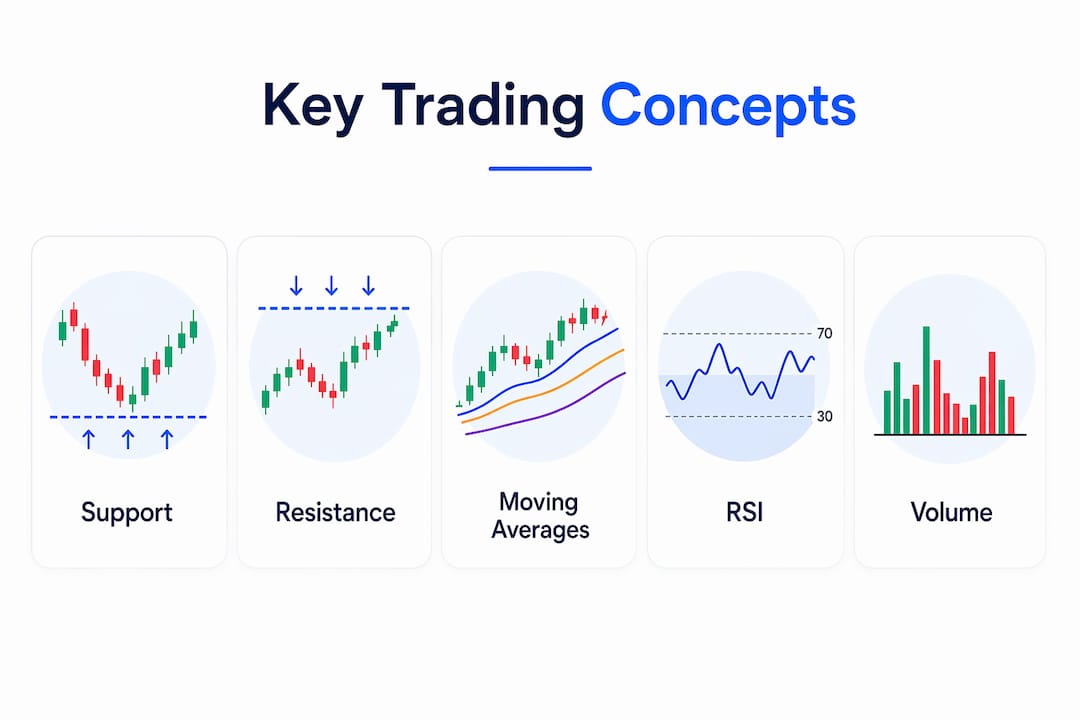 Infographic of key stock trading technical concepts