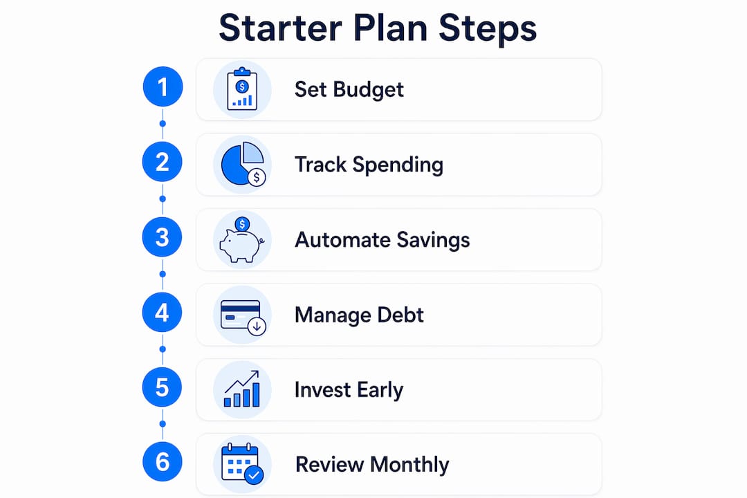 Infographic showing step-by-step personal money management starter plan