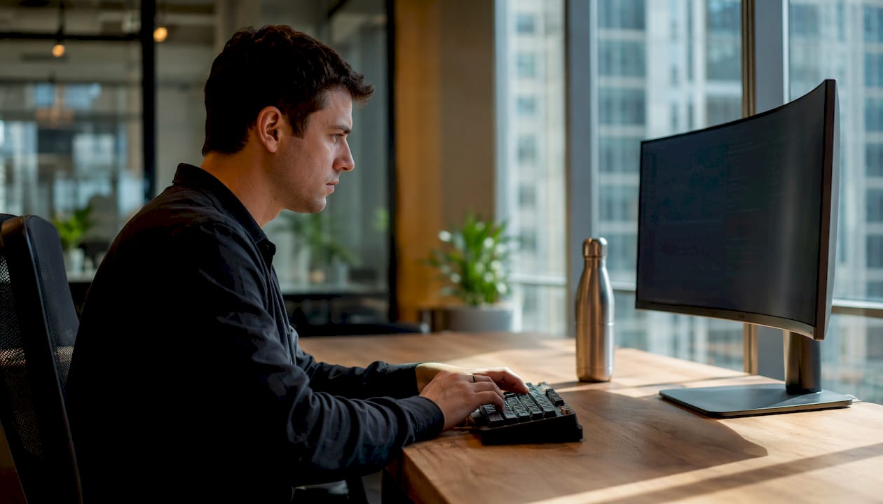 Hands typing next to multiple monitors and flowcharts