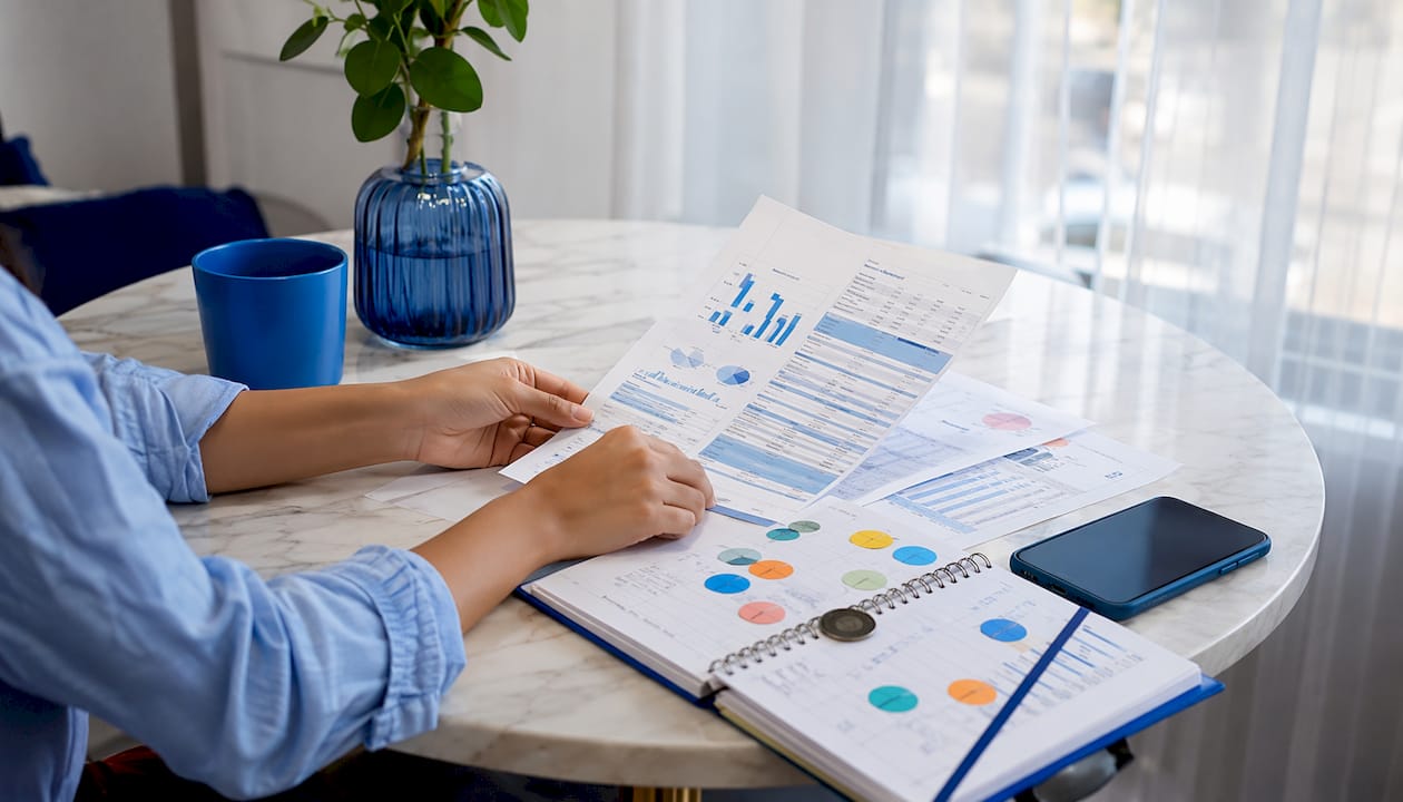 Close-up of hands holding smartphone over desk with receipts