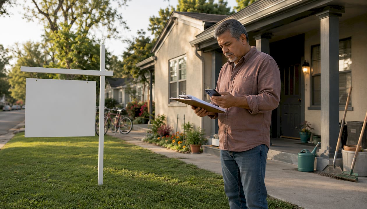 Man inspecting rental property and cash flow documents