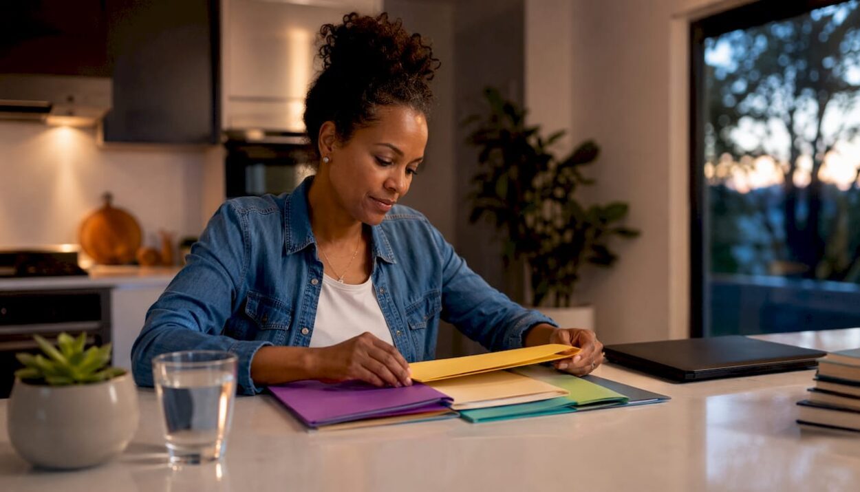 Woman organizing budget envelopes at kitchen table