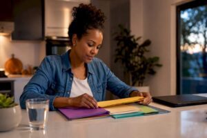 Woman organizing budget envelopes at kitchen table
