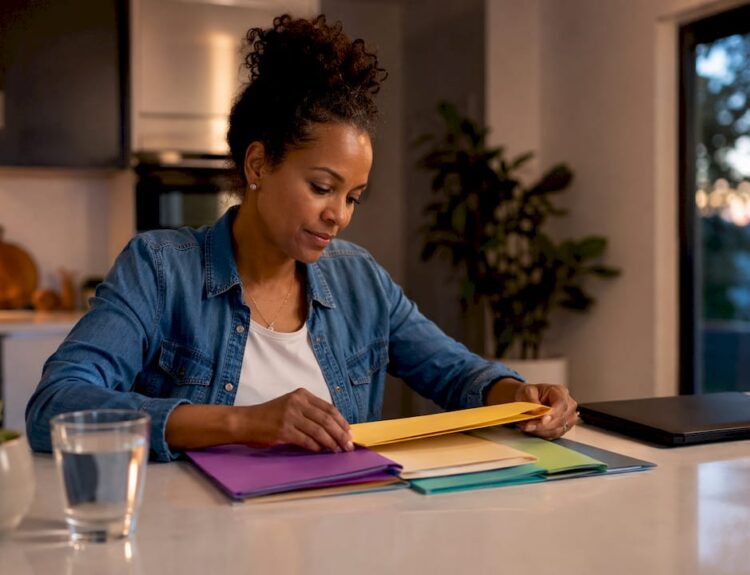 Woman organizing budget envelopes at kitchen table