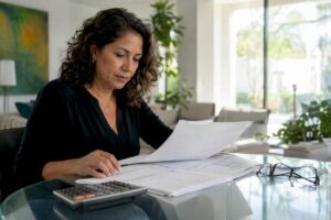 Woman reviewing retirement pension documents