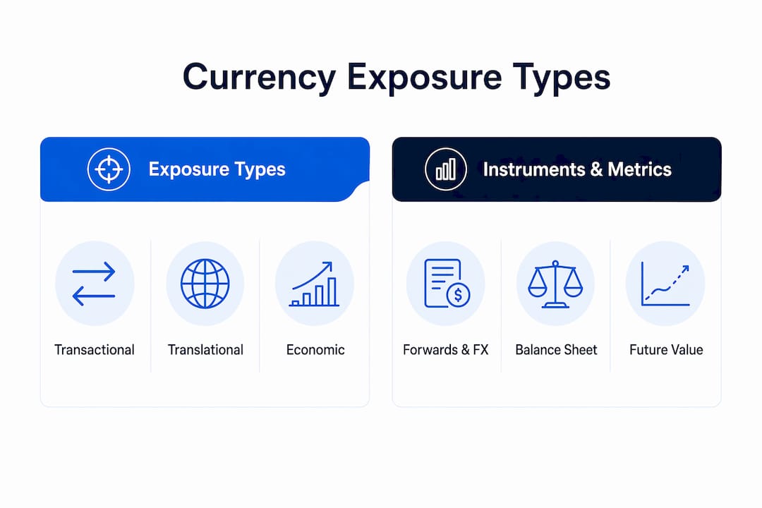 Infographic comparing currency exposure types and instruments