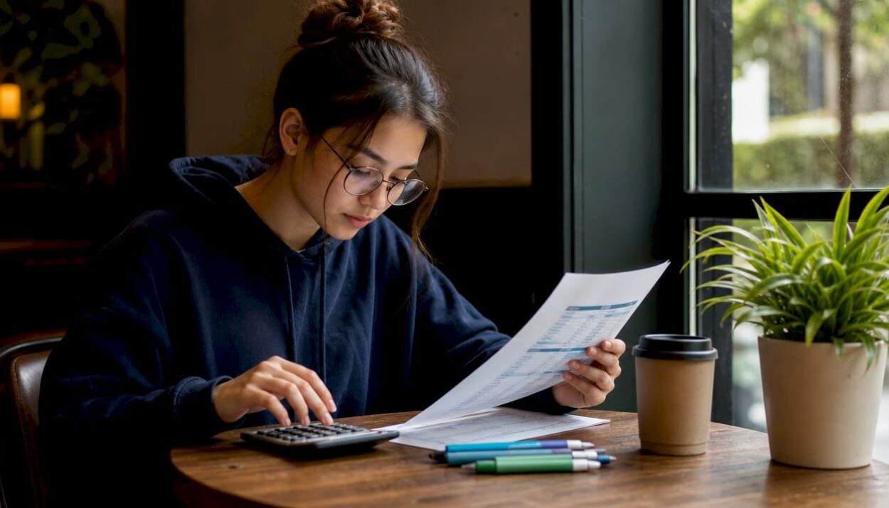 Student calculating personal budget at desk