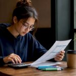 Student calculating personal budget at desk