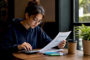 Student calculating personal budget at desk