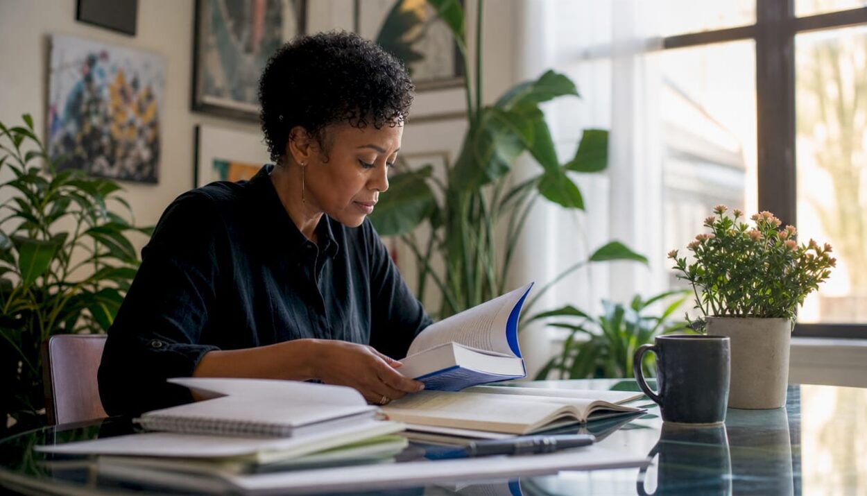 Woman reading investing books at home library desk