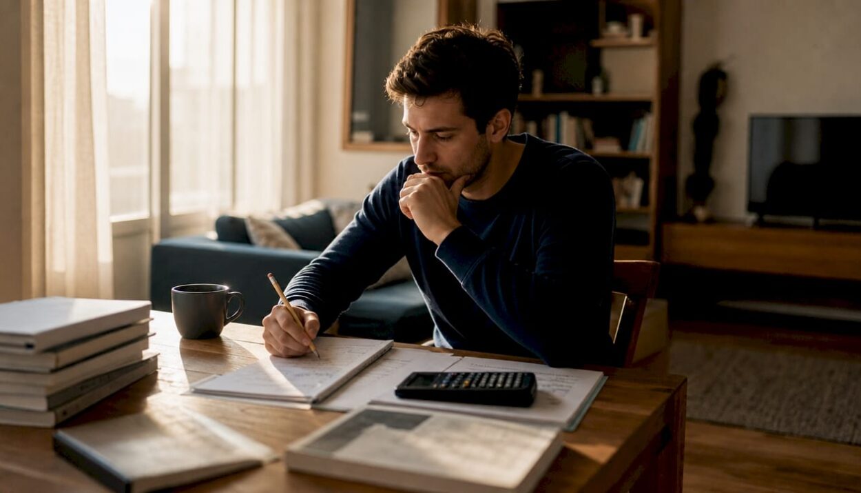 Investor studying bond market terms at kitchen table