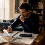Investor studying bond market terms at kitchen table