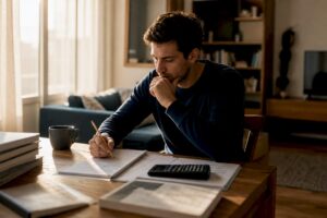 Investor studying bond market terms at kitchen table