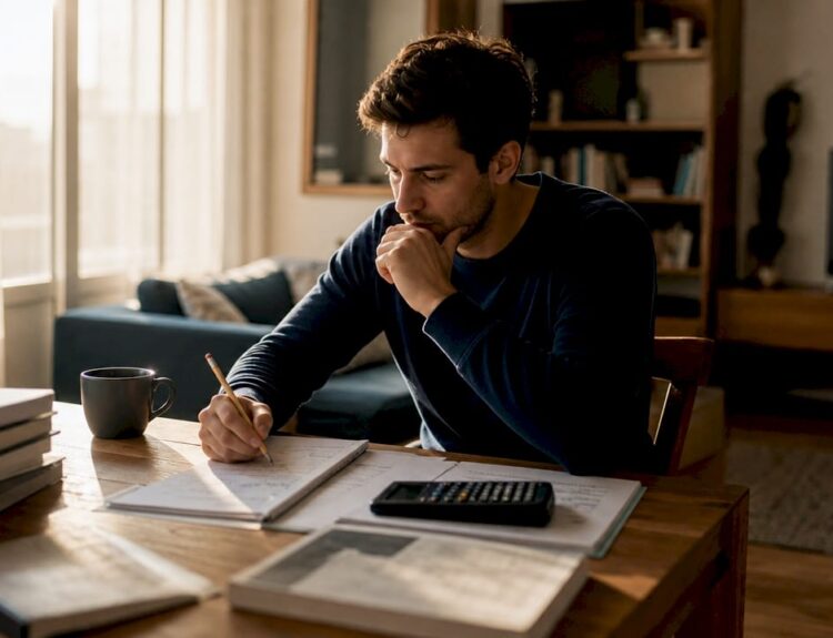 Investor studying bond market terms at kitchen table