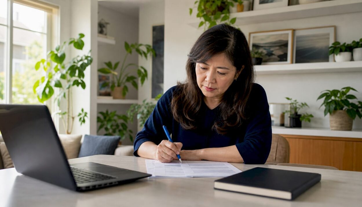 Asian woman working on budgeting worksheets at home