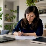Asian woman working on budgeting worksheets at home