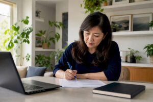 Asian woman working on budgeting worksheets at home