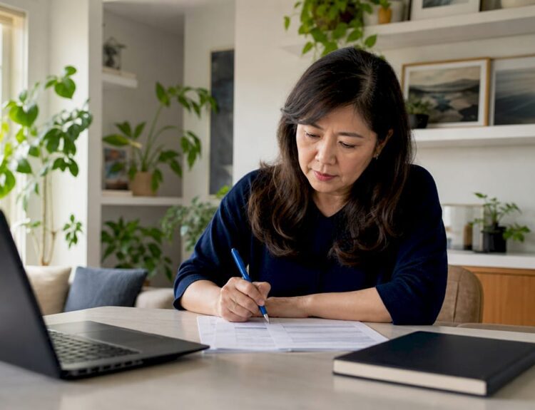 Asian woman working on budgeting worksheets at home