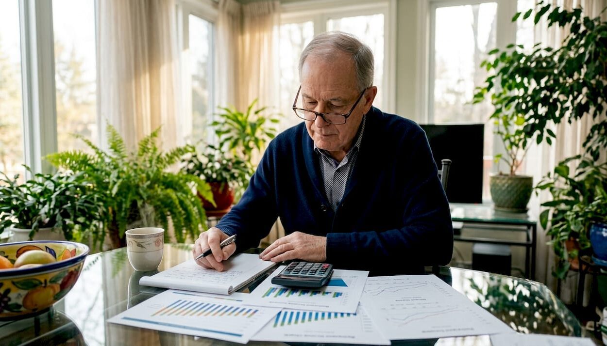 Senior man reviewing retirement income documents