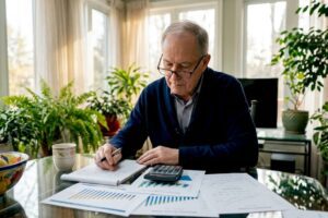 Senior man reviewing retirement income documents