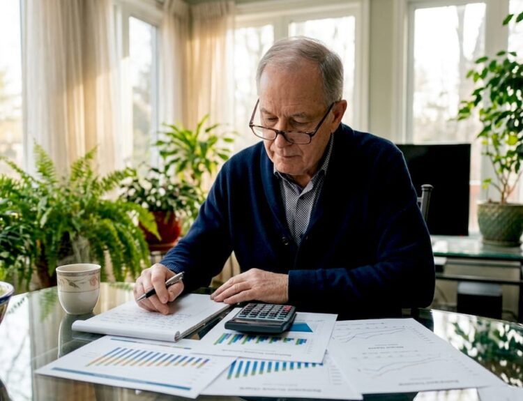 Senior man reviewing retirement income documents