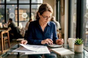 Investor reviewing dividend stock reports at home desk