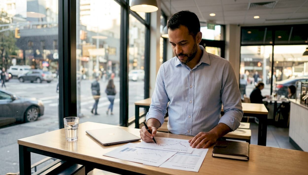 Financial analyst reviewing stock reports at desk