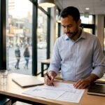 Financial analyst reviewing stock reports at desk