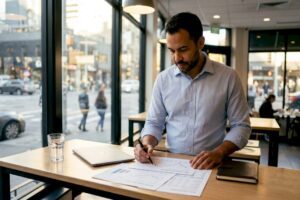 Financial analyst reviewing stock reports at desk