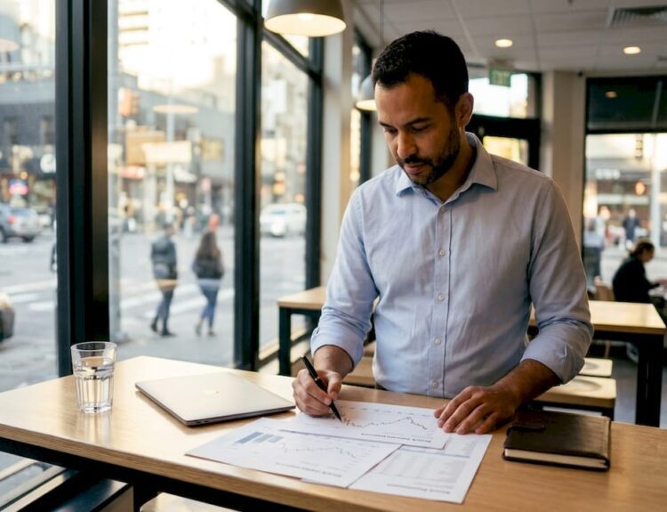 Financial analyst reviewing stock reports at desk