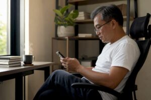 Man beginner investor reviewing stock market app