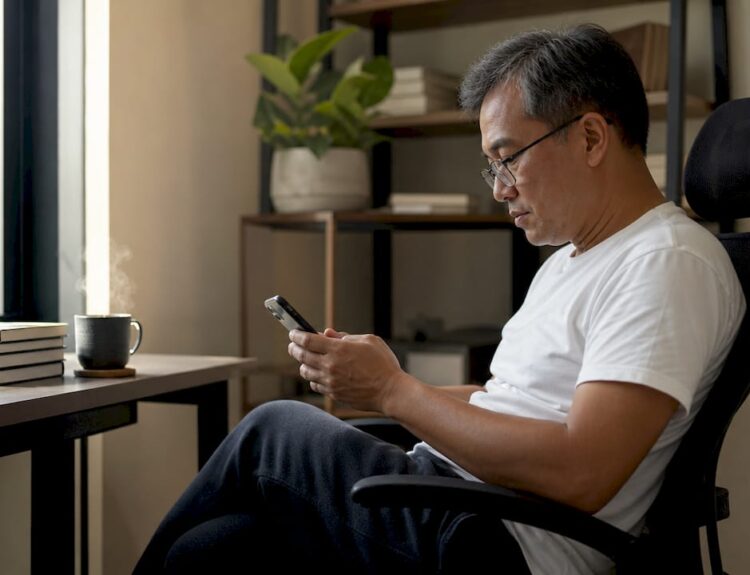 Man beginner investor reviewing stock market app