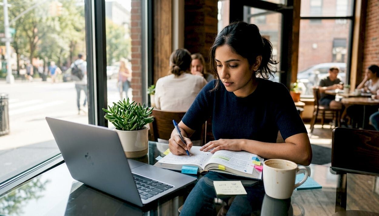 Woman studying stock market guide at home desk