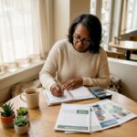 Woman reviewing personal finance documents at home desk