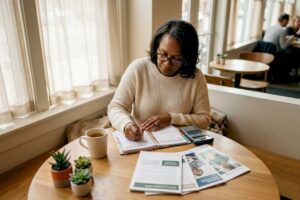 Woman reviewing personal finance documents at home desk