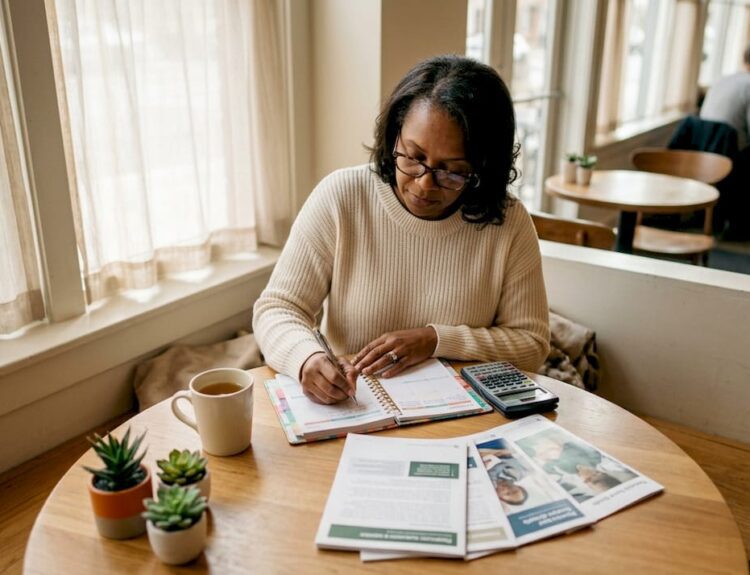 Woman reviewing personal finance documents at home desk