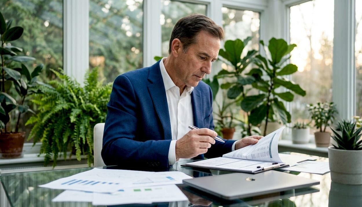 Hedge fund manager reviewing portfolio