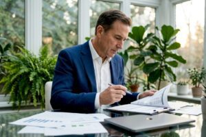 Hedge fund manager reviewing portfolio