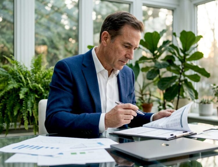 Hedge fund manager reviewing portfolio
