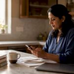 Woman setting up automatic financial transfers