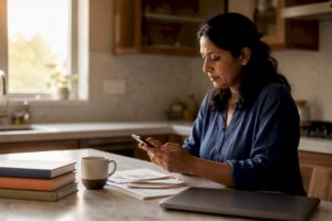 Woman setting up automatic financial transfers