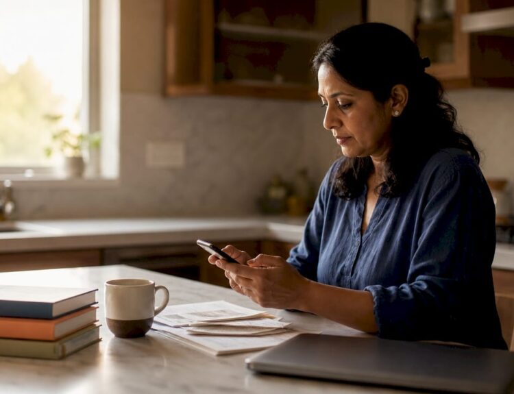 Woman setting up automatic financial transfers